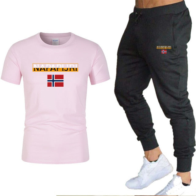 2020 Men's sets t shirts + pants two pieces sets casual tracksuit letter print suits sportwear fitness pants