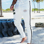 2020 Men's Painted Skinny Slim Fit Straight Ripped Distressed Pleated Knee Patch Denim Pants Stretch Jeans