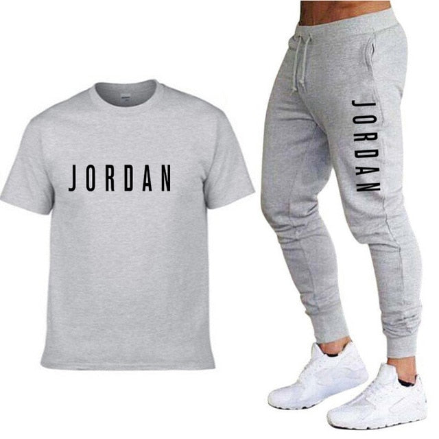 Summer new fashion trend men's suit personalized fashion printing sports short-sleeved T-shirt + sports casual trousers suit