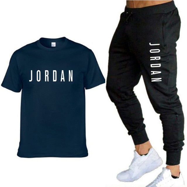 Summer new fashion trend men's suit personalized fashion printing sports short-sleeved T-shirt + sports casual trousers suit