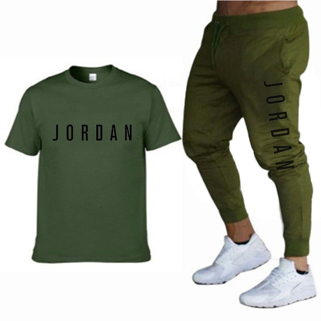 Summer new fashion trend men's suit personalized fashion printing sports short-sleeved T-shirt + sports casual trousers suit