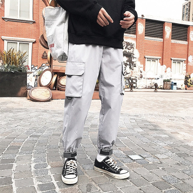 Men's Side Pockets Cargo Harem Pants 2020 Ribbons Black Hip Hop Casual Male Joggers Trousers Fashion Casual Streetwear Pants